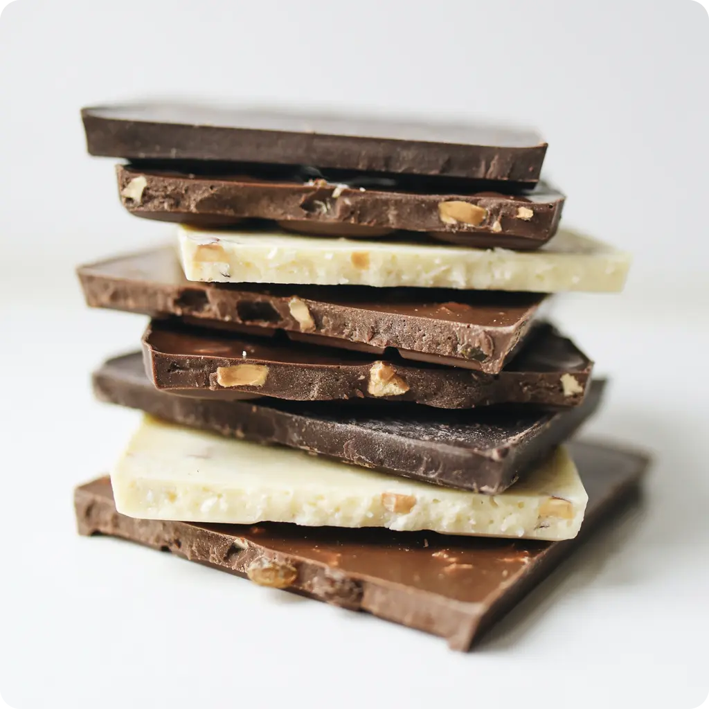 snack of white, dark, milk chocolate bars 